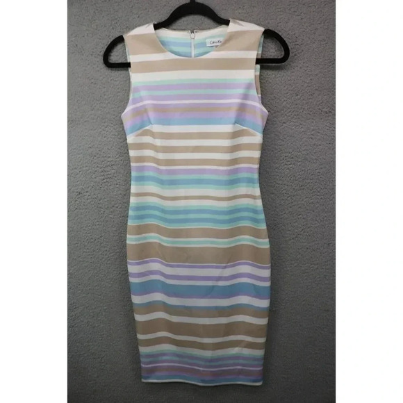 Calvin Klein Women's Pastel Striped Bodycon Midi Dress-Size 2-Office-Travel - Picture 1 of 7